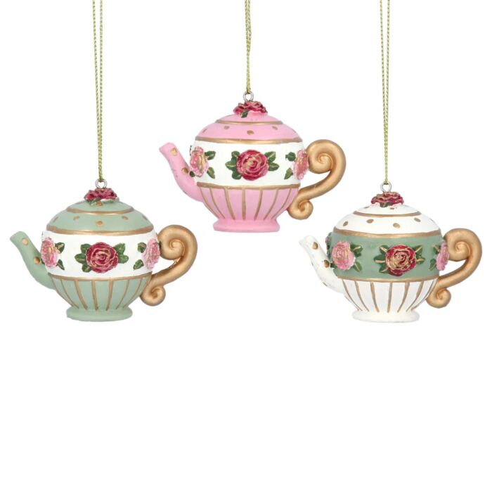 Gisela Graham Rose Ball Resin Teapot Decoration x3